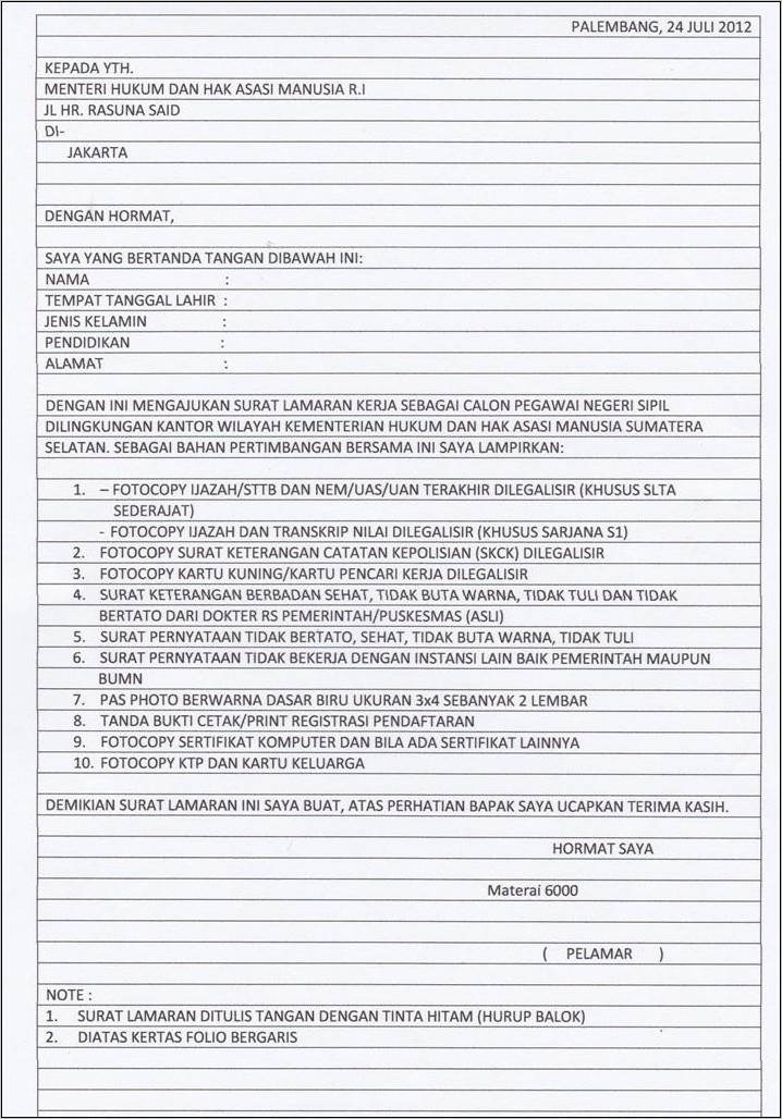 Contoh Surat Lamaran Kerja Kantor Imigrasi