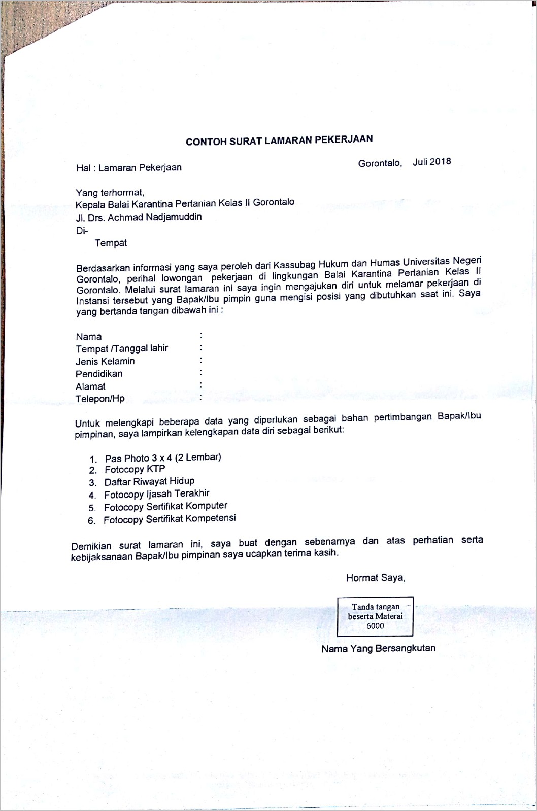 Contoh Surat Lamaran Kerja Karantina