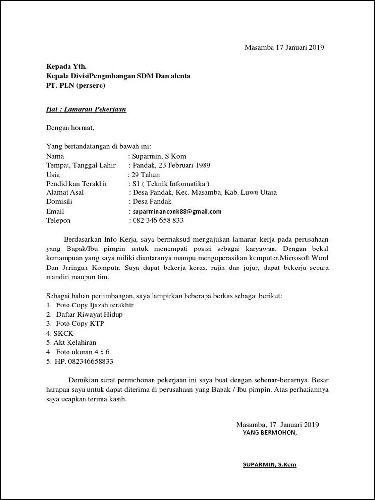 Contoh Surat Lamaran Kerja Ke Angkas Pura