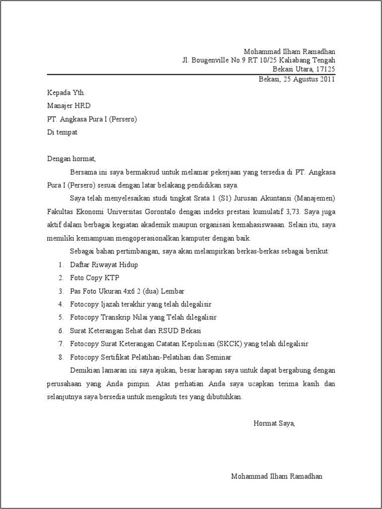 Contoh Surat Lamaran Kerja Ke Angkasa Pura 2019