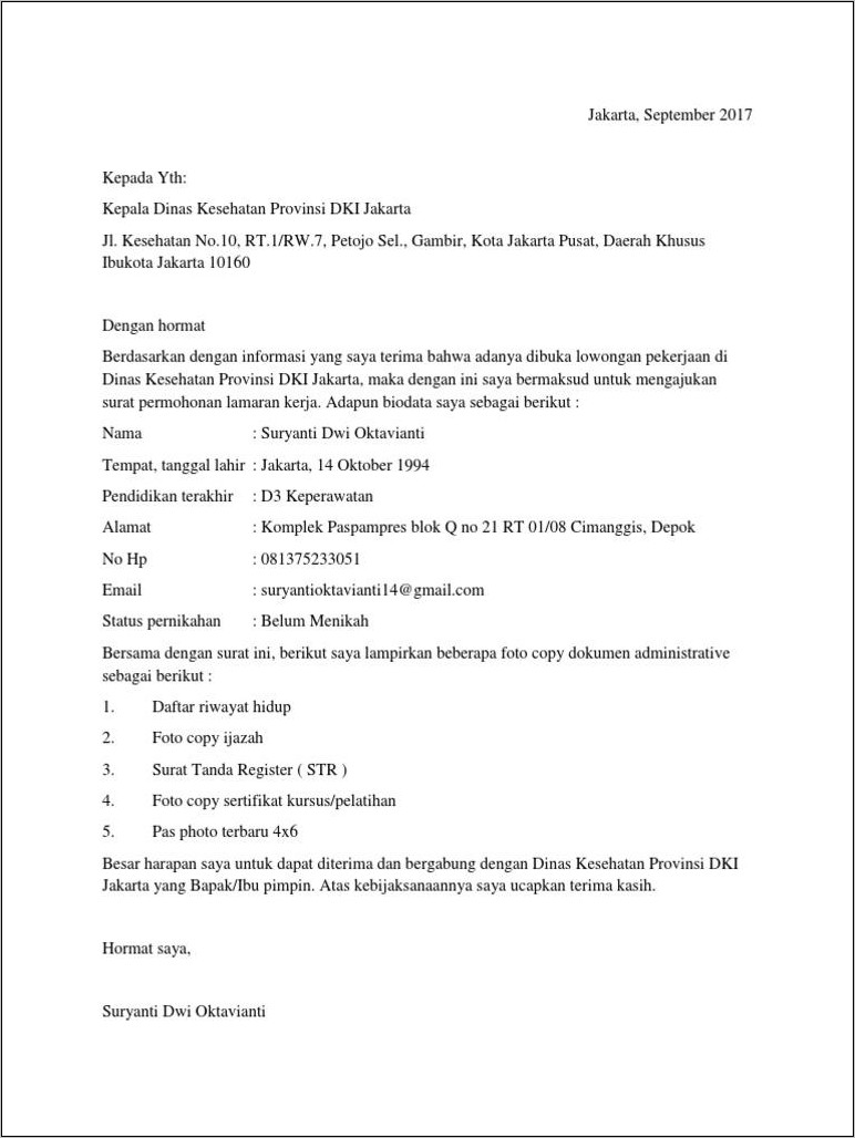 Contoh Surat Lamaran Kerja Ke Dinas Kesehaan
