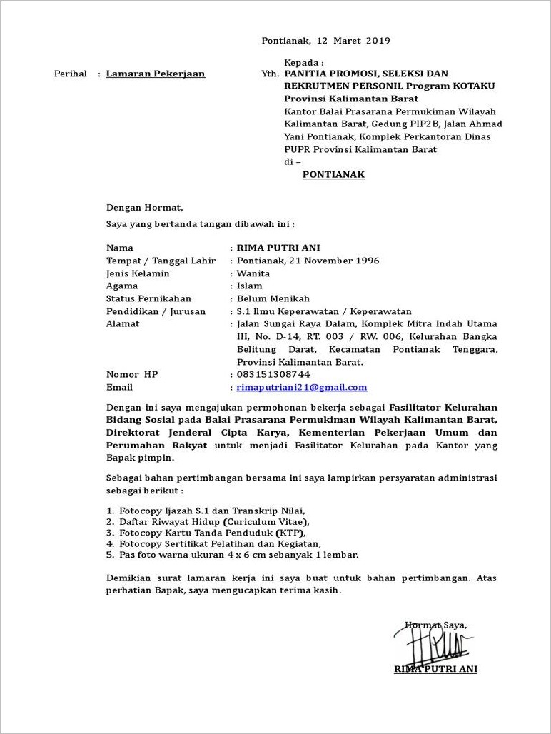 Contoh Surat Lamaran Kerja Ke Dinas Pupr