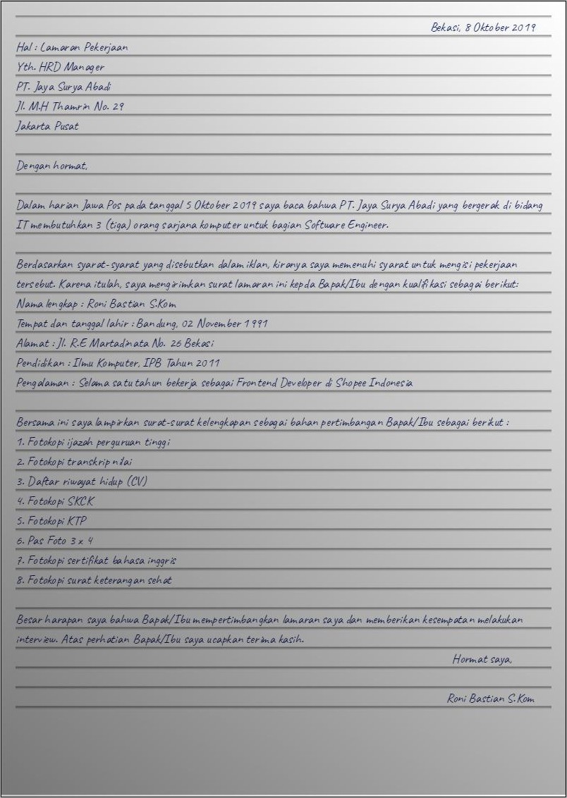 Contoh Surat Lamaran Kerja Ke Hrd Manager