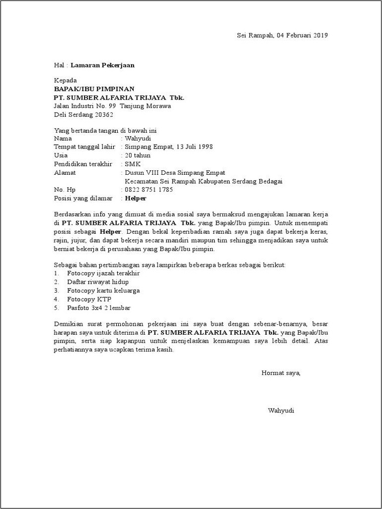 Contoh Surat Lamaran Kerja Ke Indomaret Doc Word