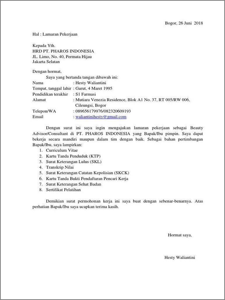 Contoh Surat Lamaran Kerja Ke Industri Farmasi