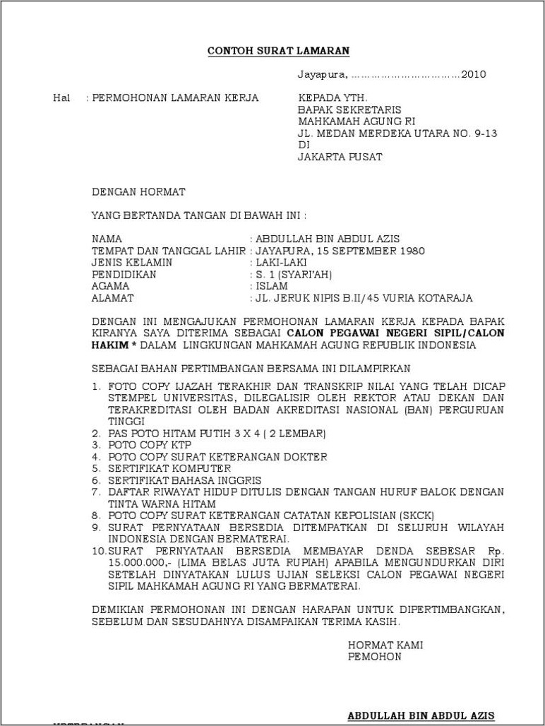 Contoh Surat Lamaran Kerja Ke Kantor Pengacara