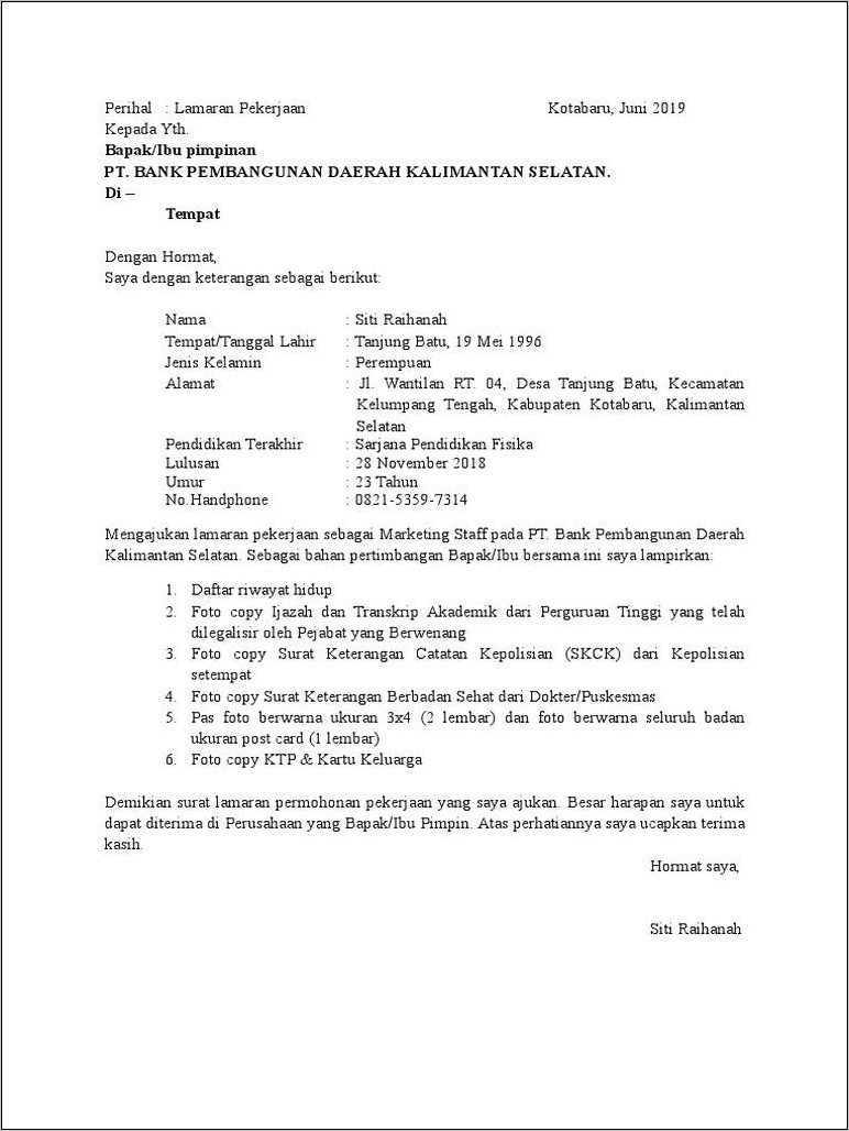 Contoh Surat Lamaran Kerja Ke Kecamatan