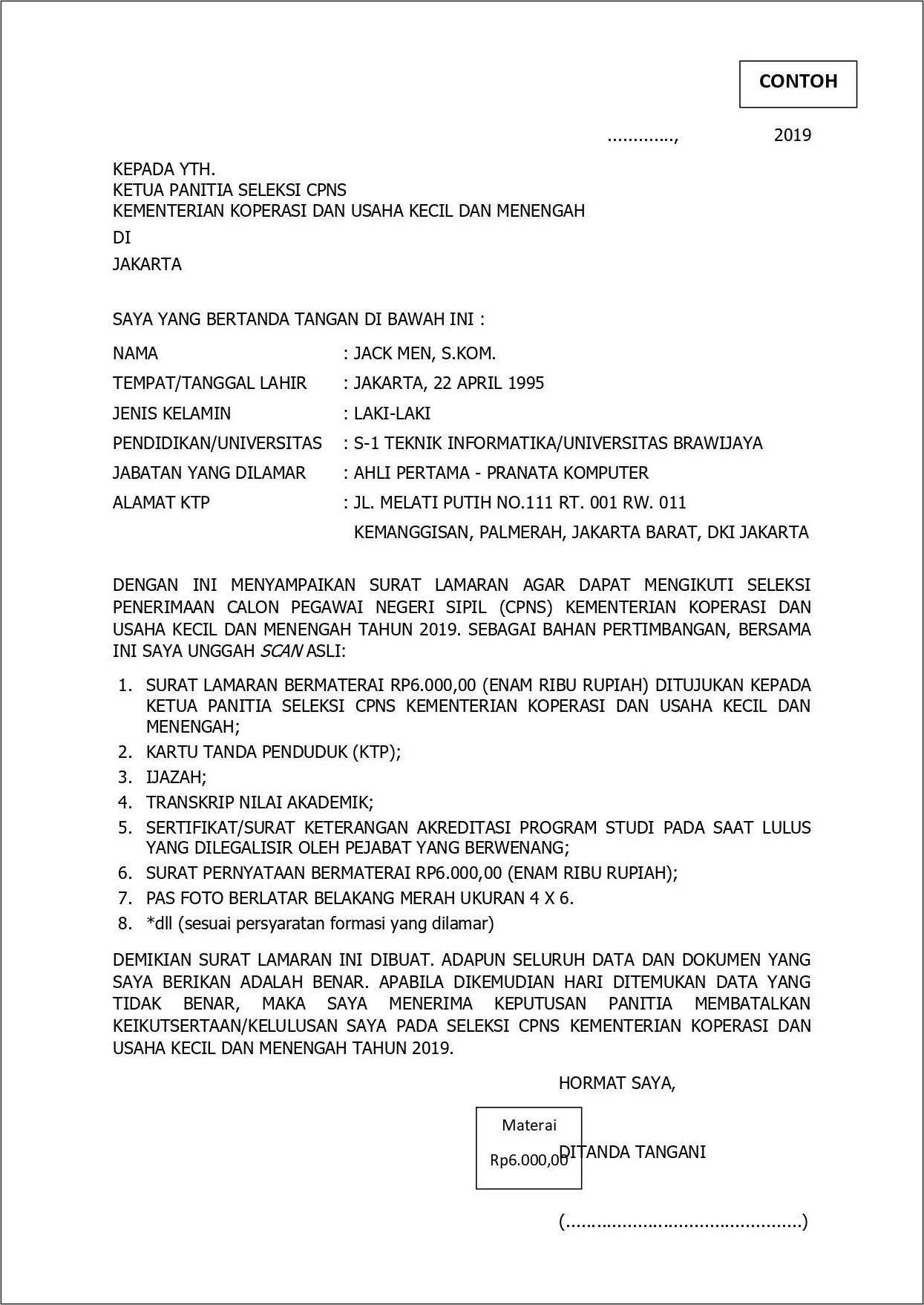 Contoh Surat Lamaran Kerja Ke Kementerian