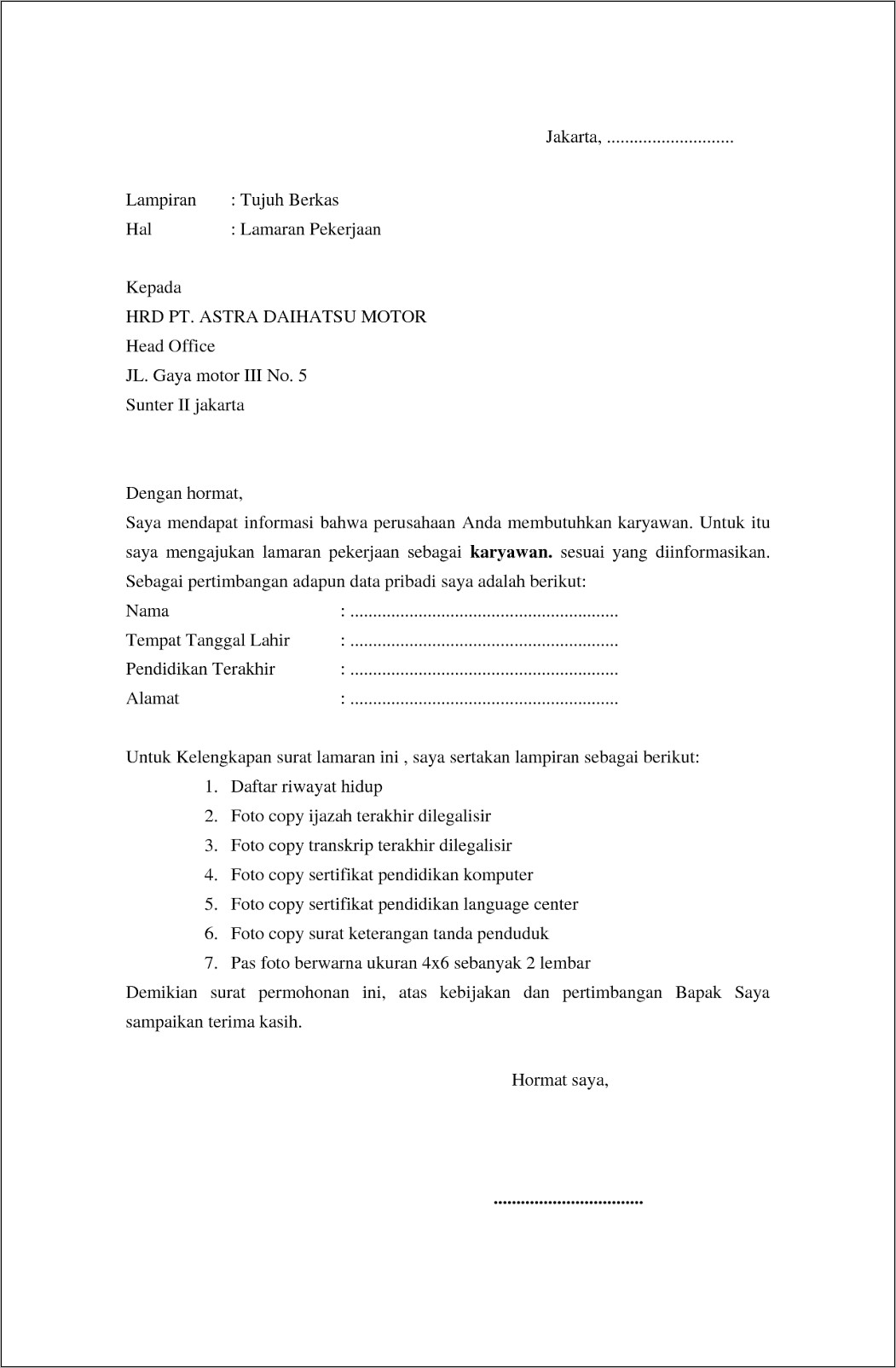 Contoh Surat Lamaran Kerja Ke Perusahan Swasta