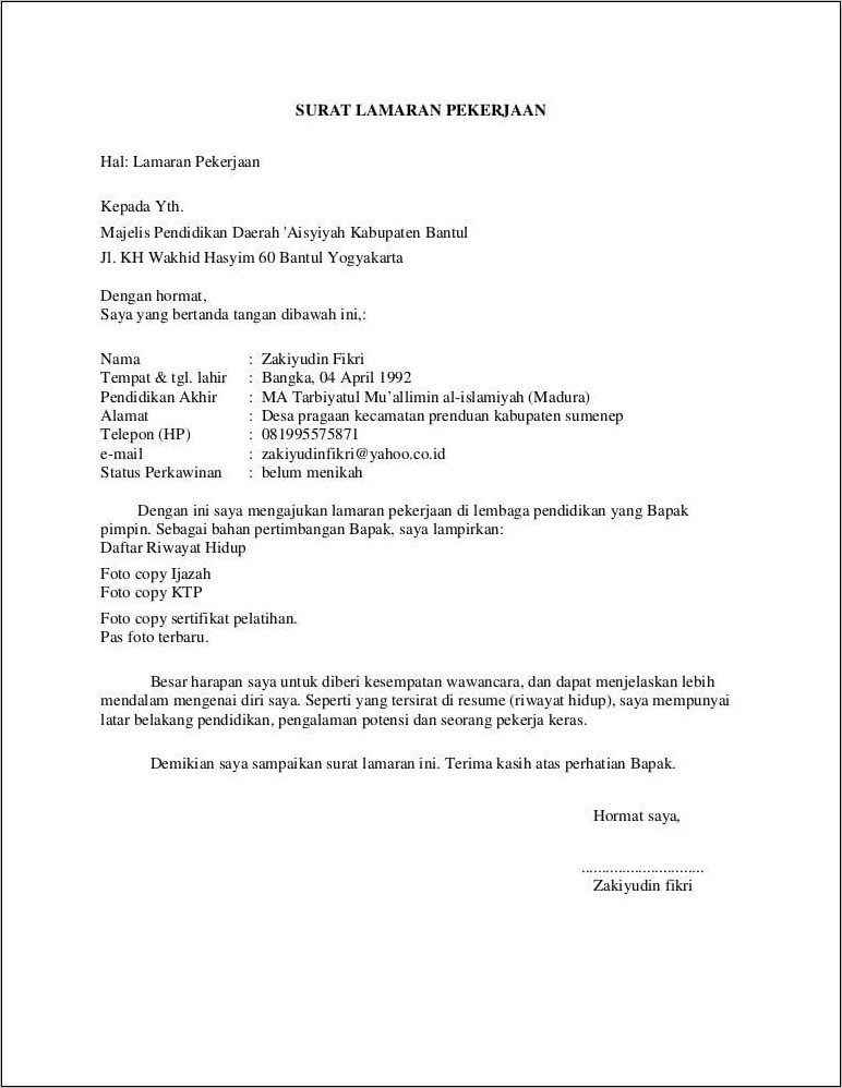 Contoh Surat Lamaran Kerja Ke Pmi
