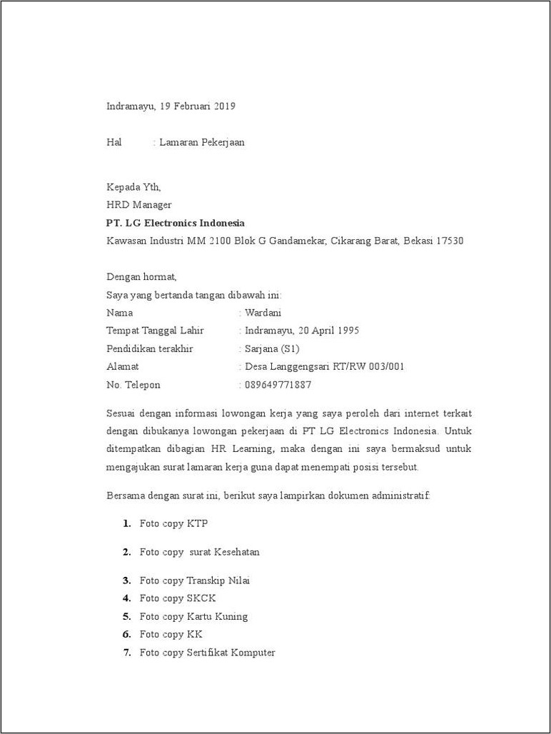Contoh Surat Lamaran Kerja Ke Pt Amazone Indonesia