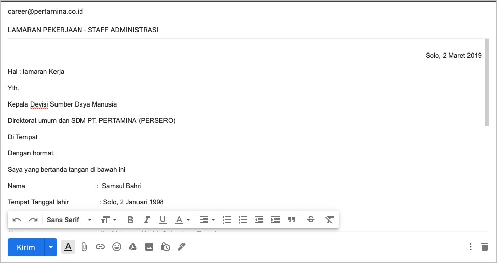 Contoh Surat Lamaran Kerja Ke Pt Pertamina Persero