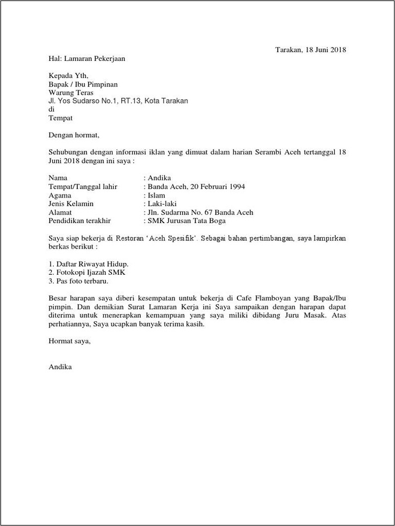 Contoh Surat Lamaran Kerja Ke Resto