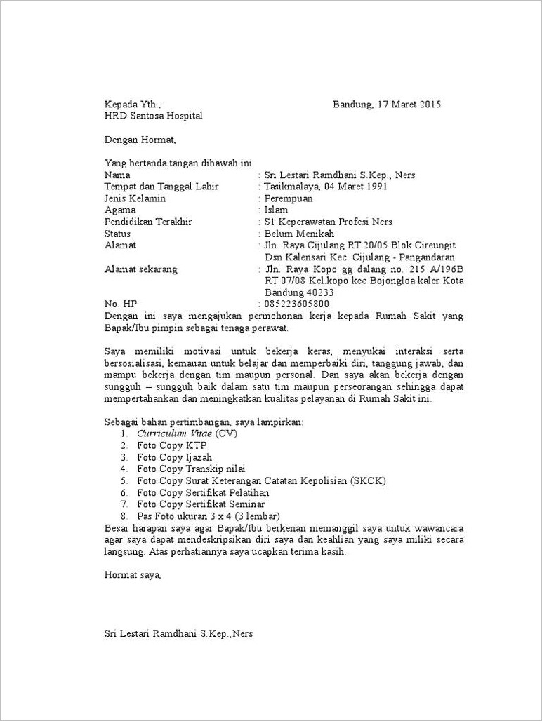 Contoh Surat Lamaran Kerja Ke Rs Santosa