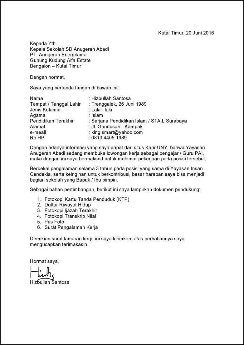 Contoh Surat Lamaran Kerja Ke Sekolah Dan Daftar Riwayat Hidup