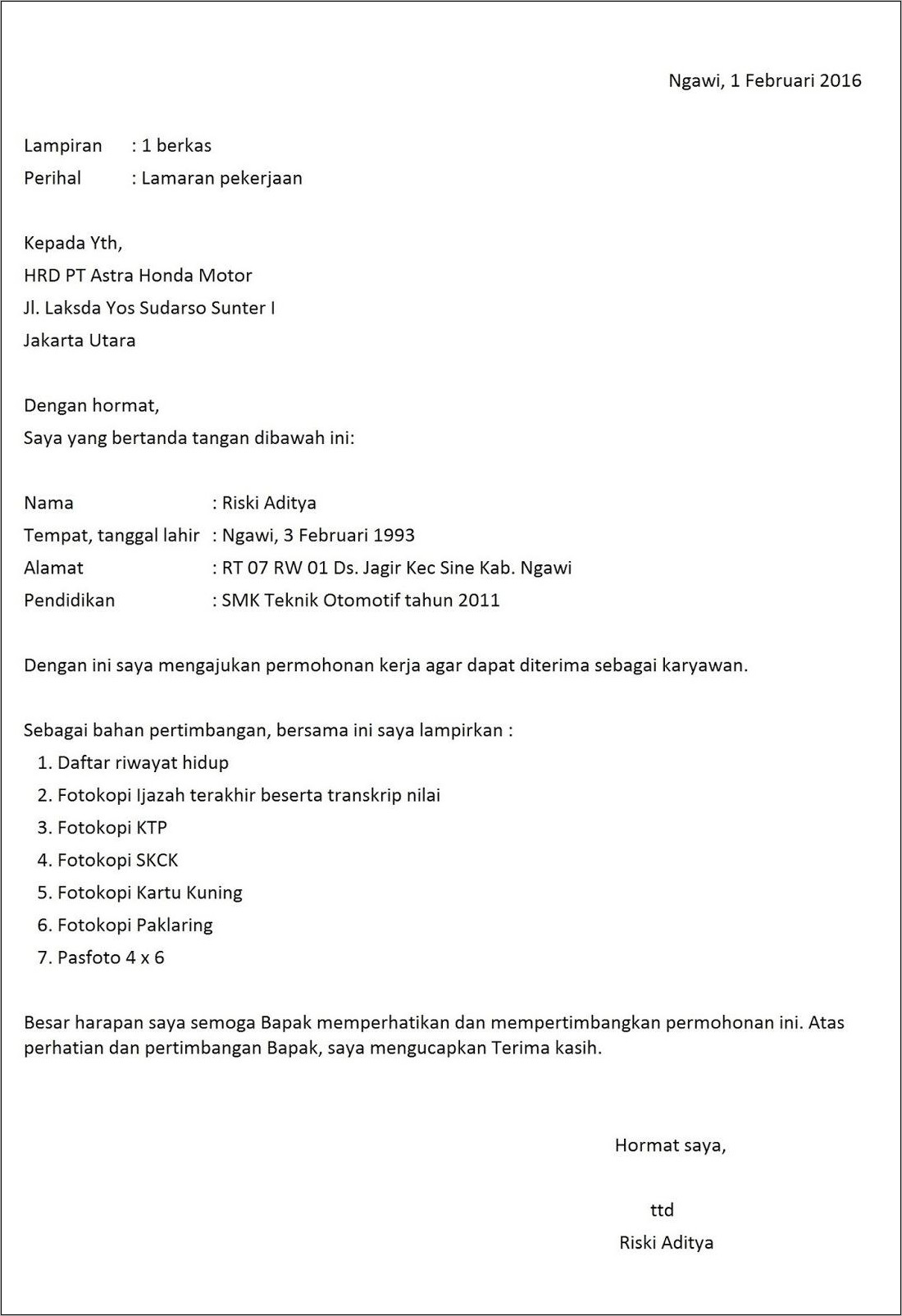 Contoh Surat Lamaran Kerja Ke Toyota
