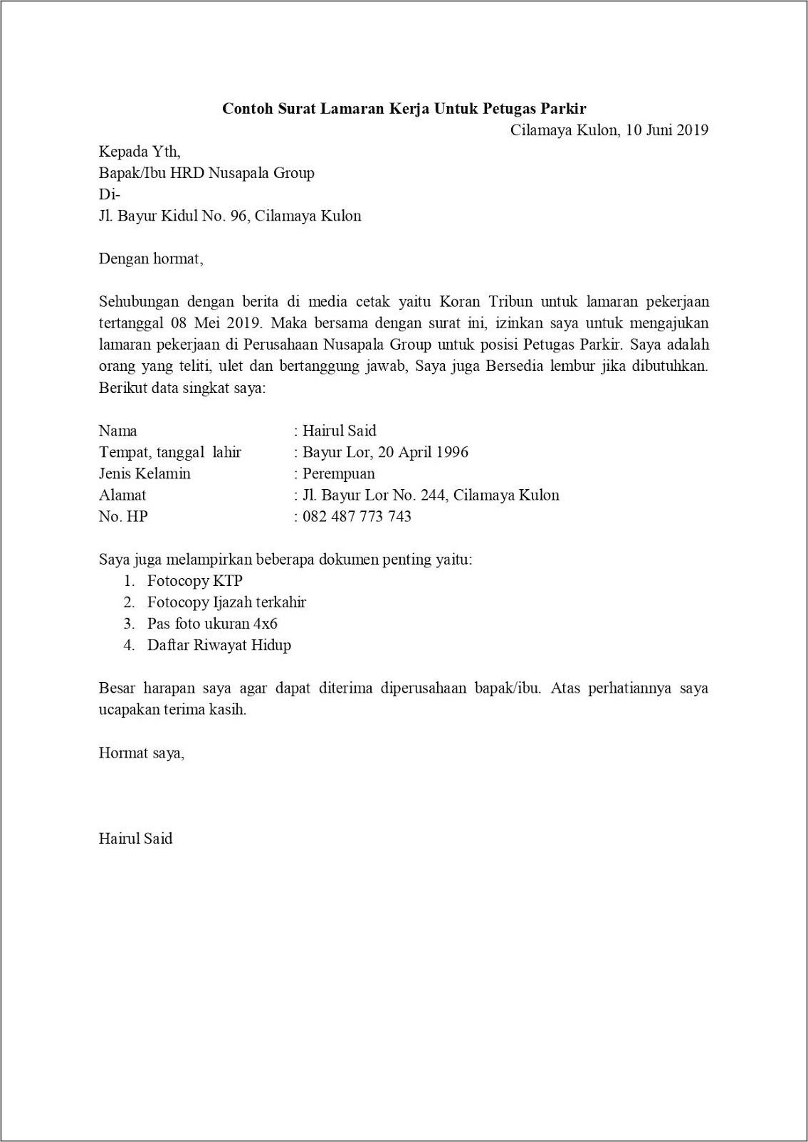 Contoh Surat Lamaran Kerja Ke Tribun