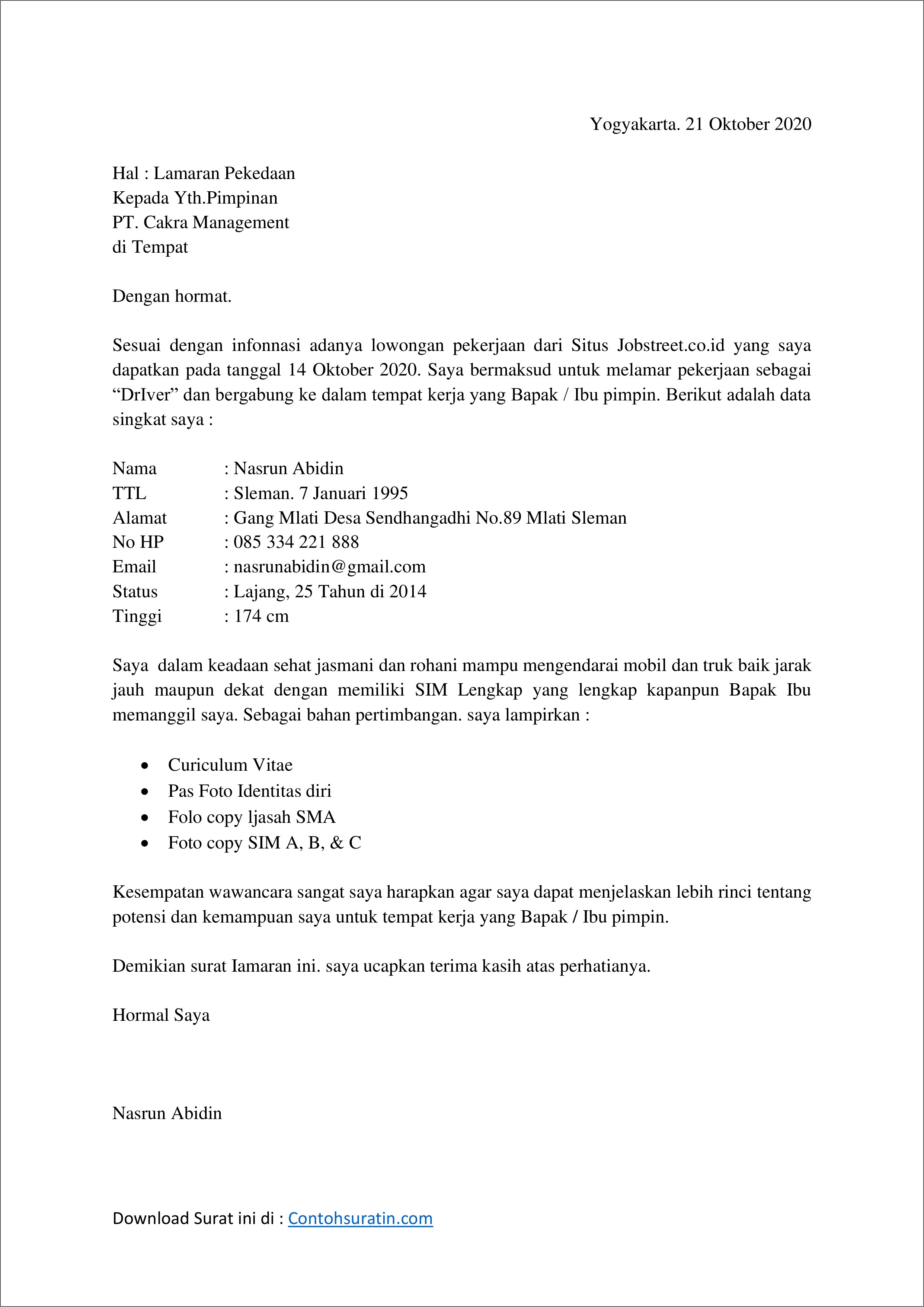 Contoh Surat Lamaran Kerja Kemampuan