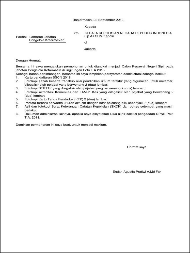 Contoh Surat Lamaran Kerja Kepolisian Doc