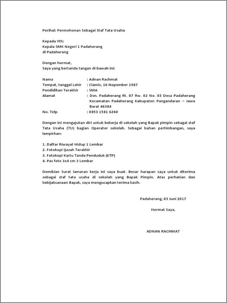 Contoh Surat Lamaran Kerja Keuangan Ke Sekolah Sebagai Tata Usaha