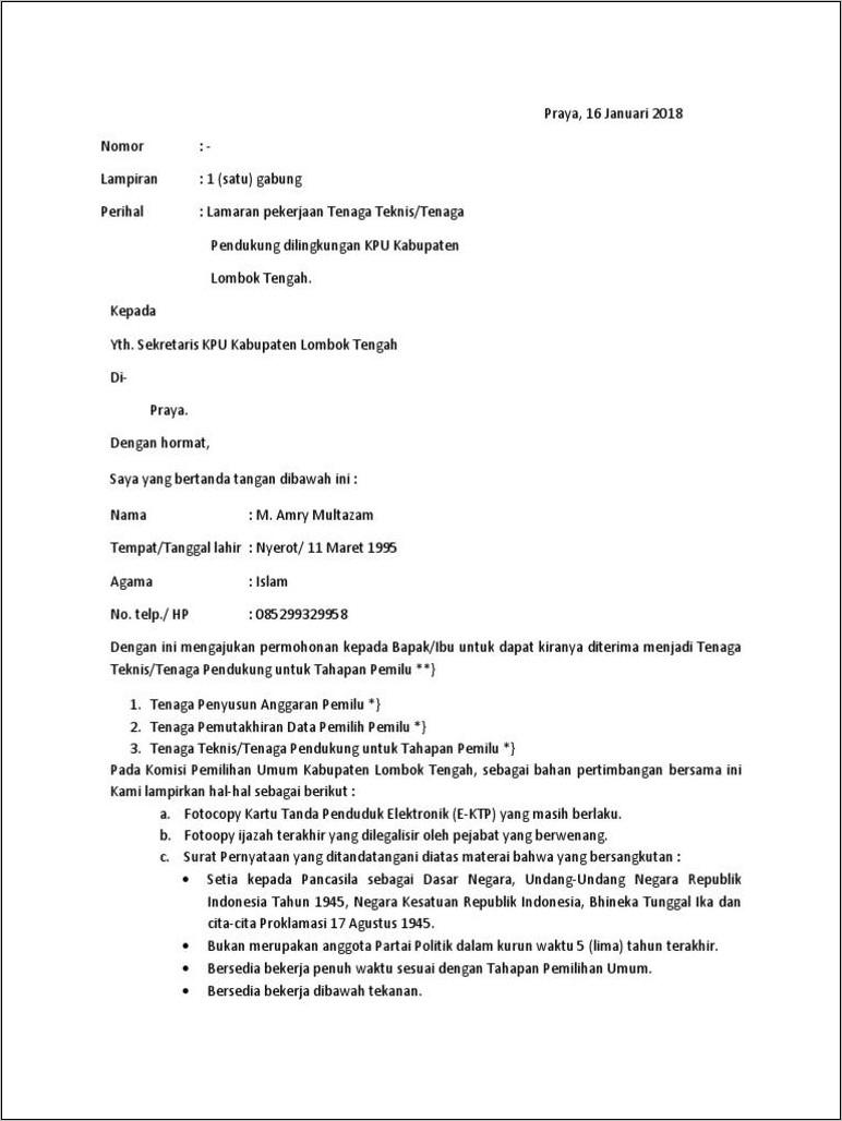 Contoh Surat Lamaran Kerja Komisi Pemilihan Umum