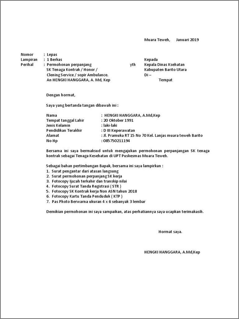 Contoh Surat Lamaran Kerja Kontrak Puskesmas