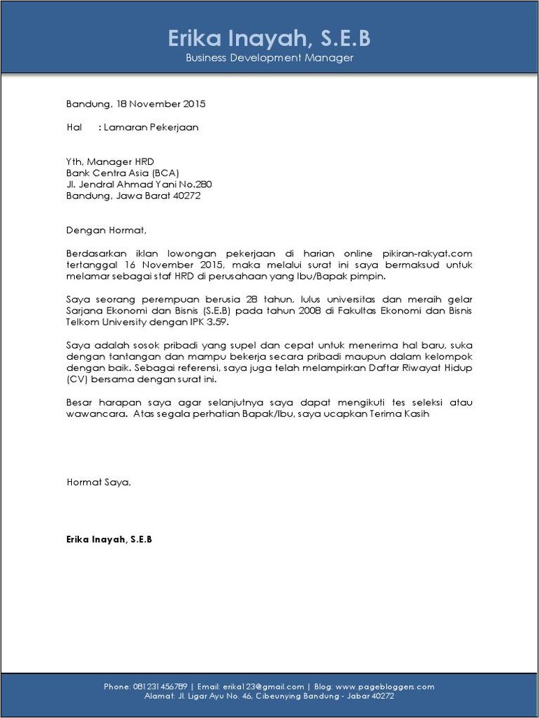 Contoh Surat Lamaran Kerja Kop