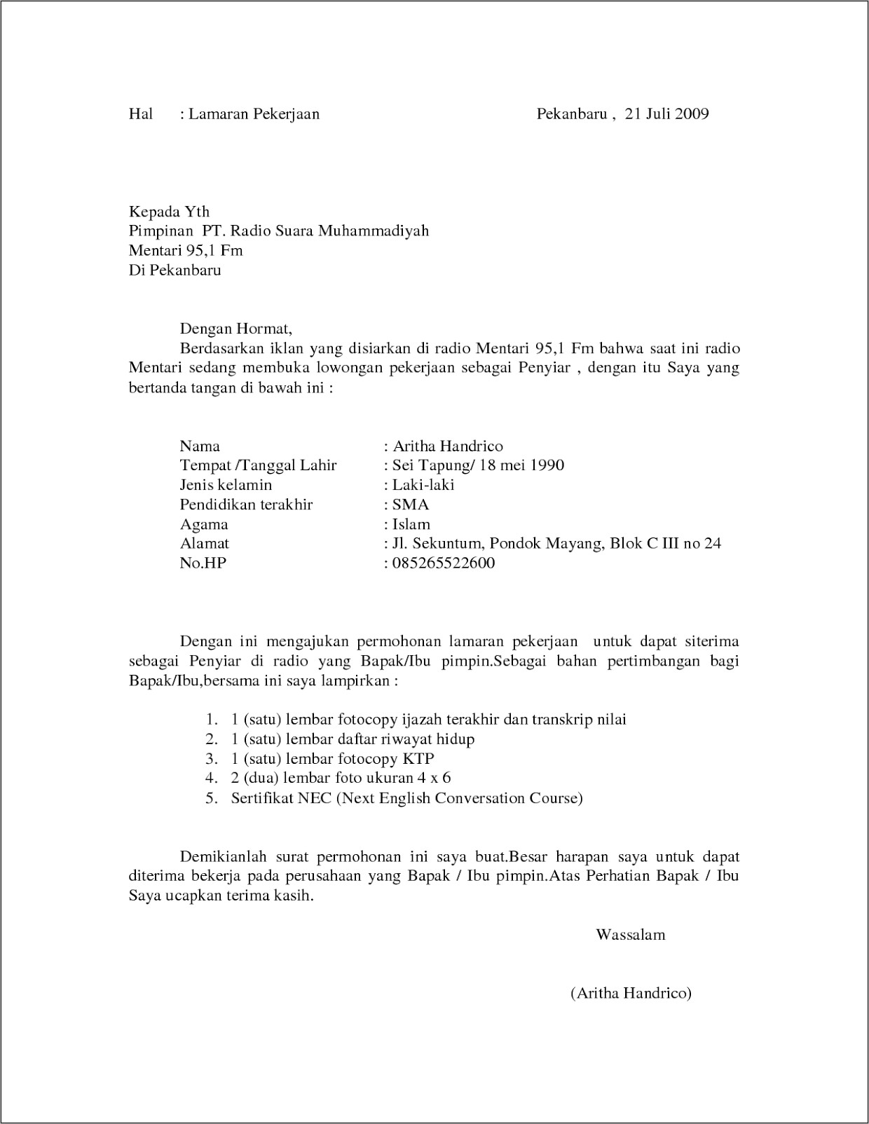 Contoh Surat Lamaran Kerja Koperasi Tulis Tangan