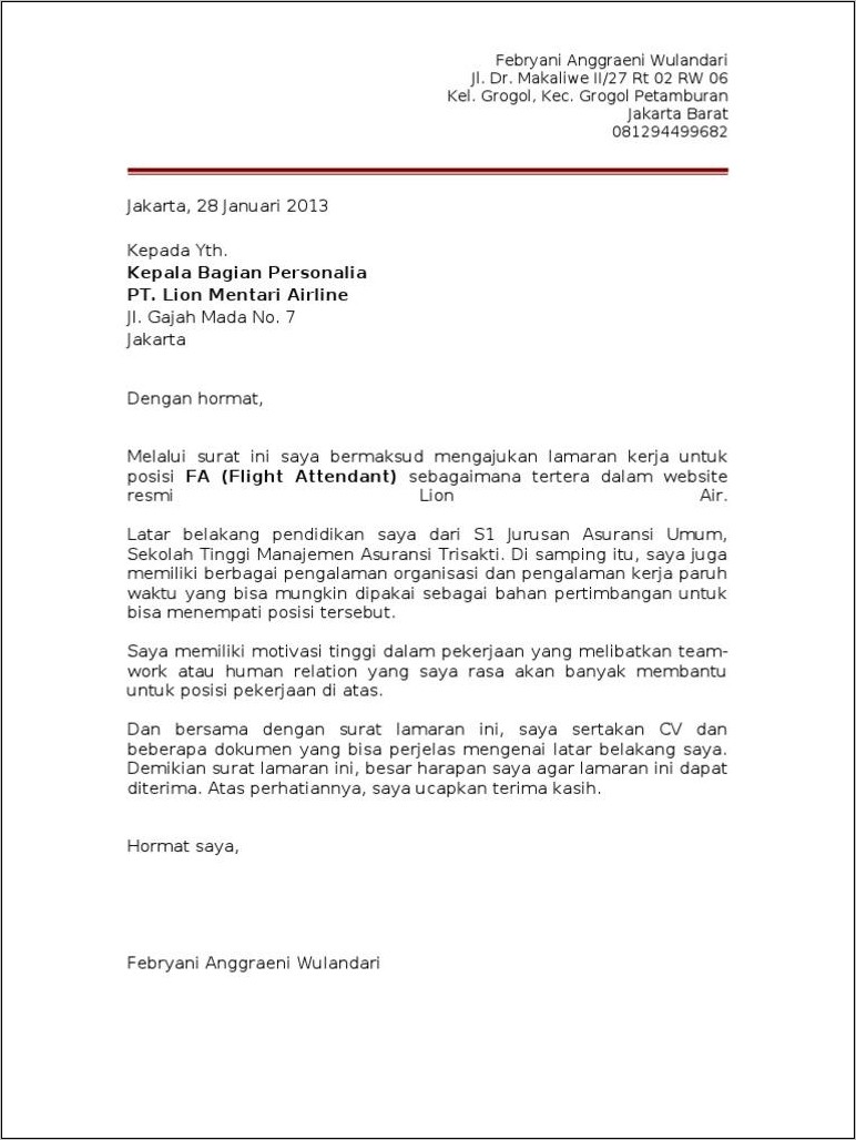 Contoh Surat Lamaran Kerja Kppn