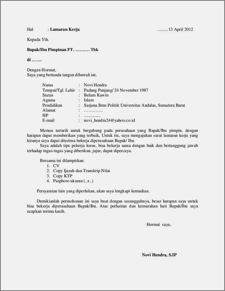 Contoh Surat Lamaran Kerja Lewat Online