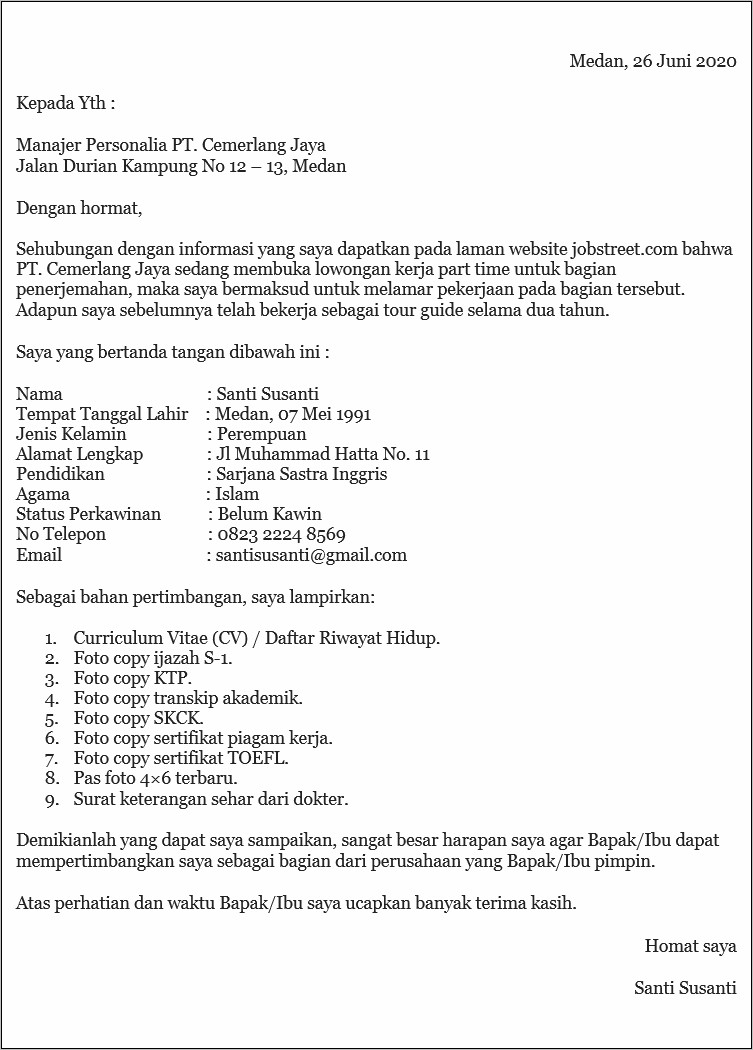 Contoh Surat Lamaran Kerja Mahasiswa Part Time  Surat Lamaran Kerja