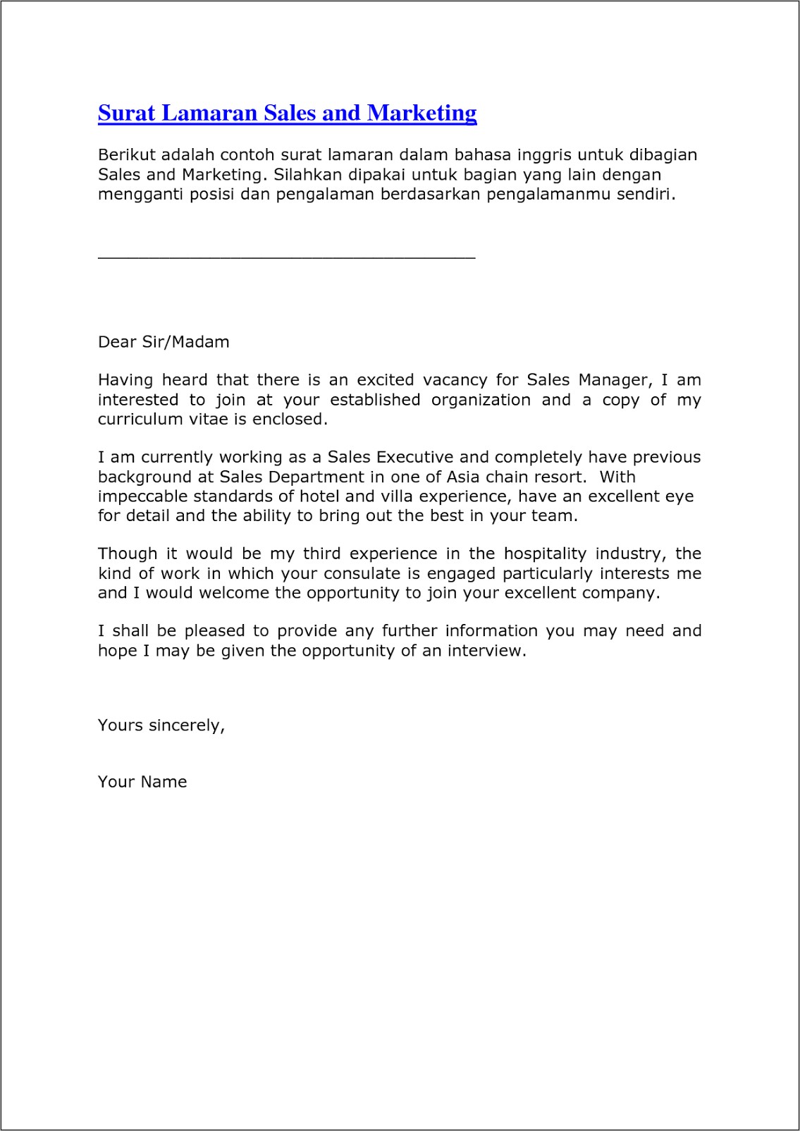 Contoh Surat Lamaran Kerja Marketing Rumah Sakit