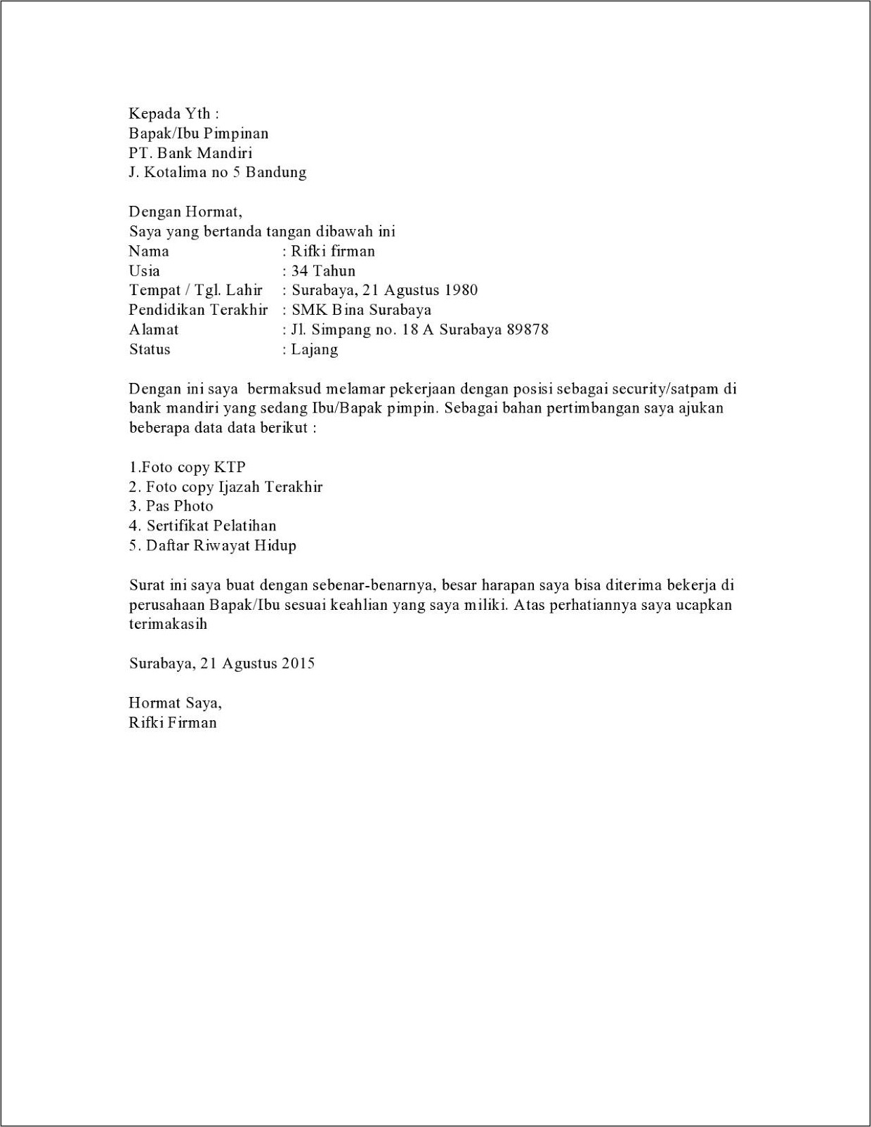 Contoh Surat Lamaran Kerja Melamar Di Bank