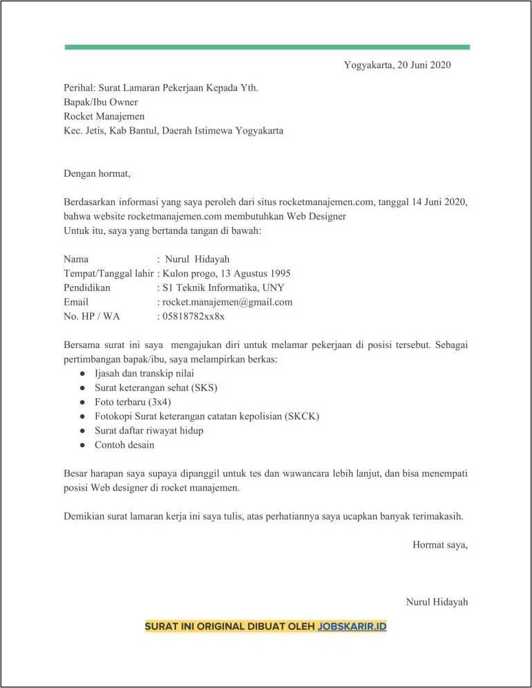 Contoh Surat Lamaran Kerja Menawarkan Diri