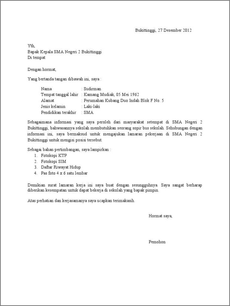 Contoh Surat Lamaran Kerja Menjadfi Driver Supir Di Bank