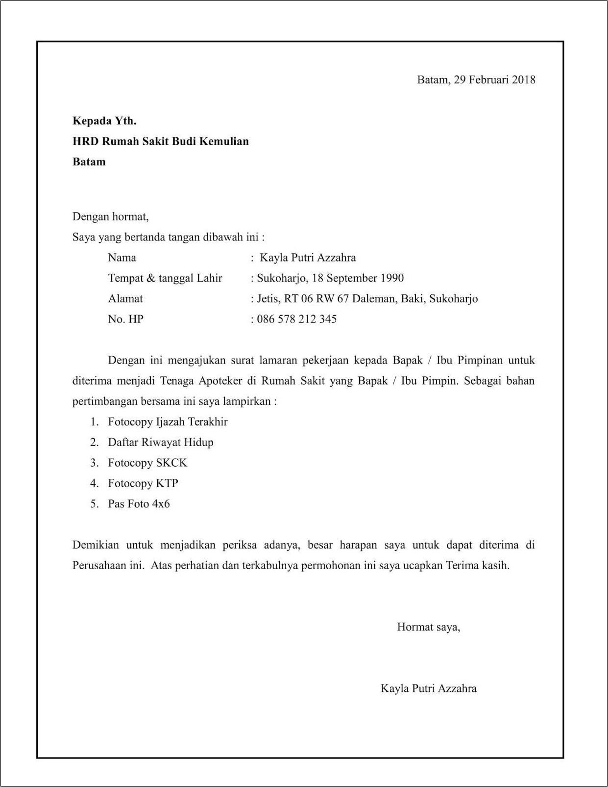Contoh Surat Lamaran Kerja Menjadi Tenaga Tata Usaha Di Sekolah
