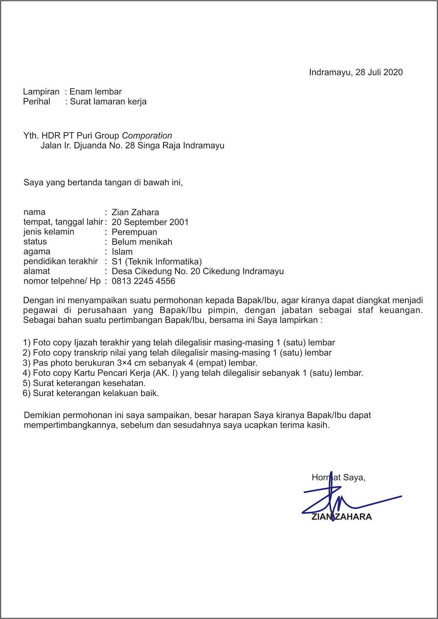 Contoh Surat Lamaran Kerja Model Terpisah Berdasarkan Iklan