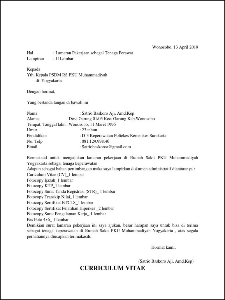 Contoh Surat Lamaran Kerja Muhammadiyah