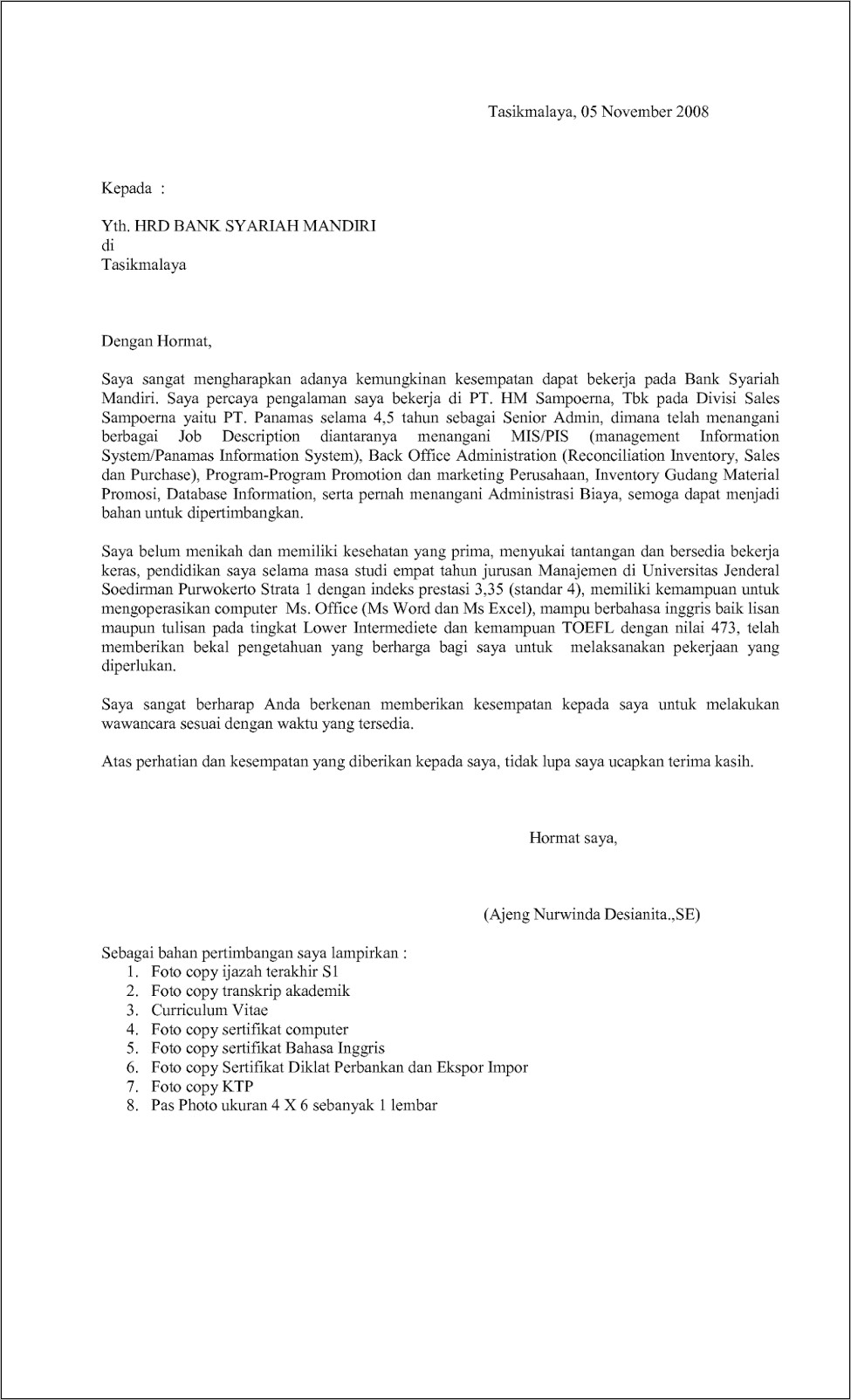 Contoh Surat Lamaran Kerja Odp Bni