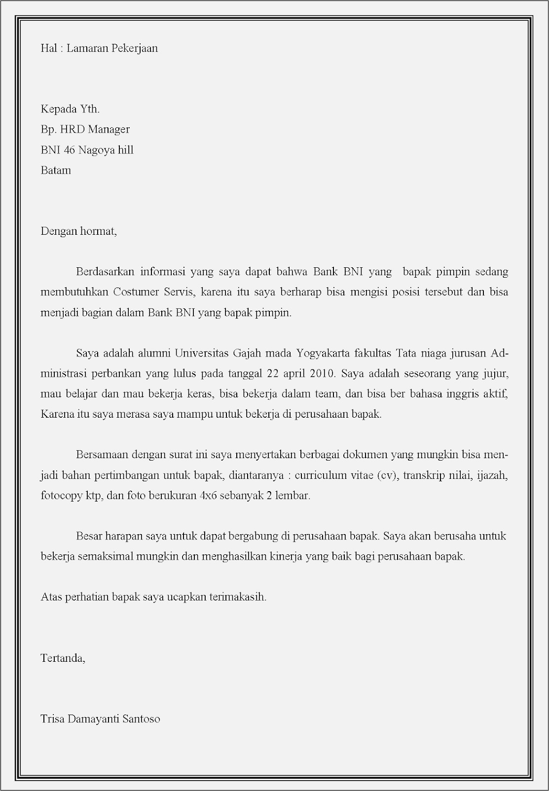 Contoh Surat Lamaran Kerja Odp Di Bank Bni