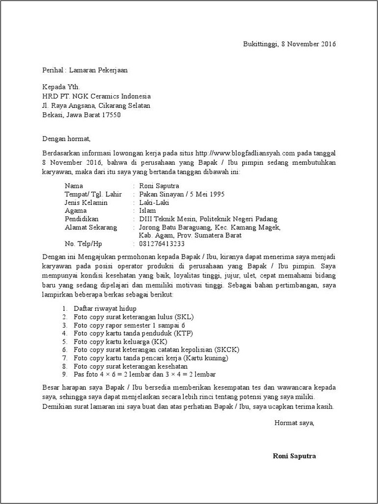 Contoh Surat Lamaran Kerja Operator Dalam Bahasa Inggris