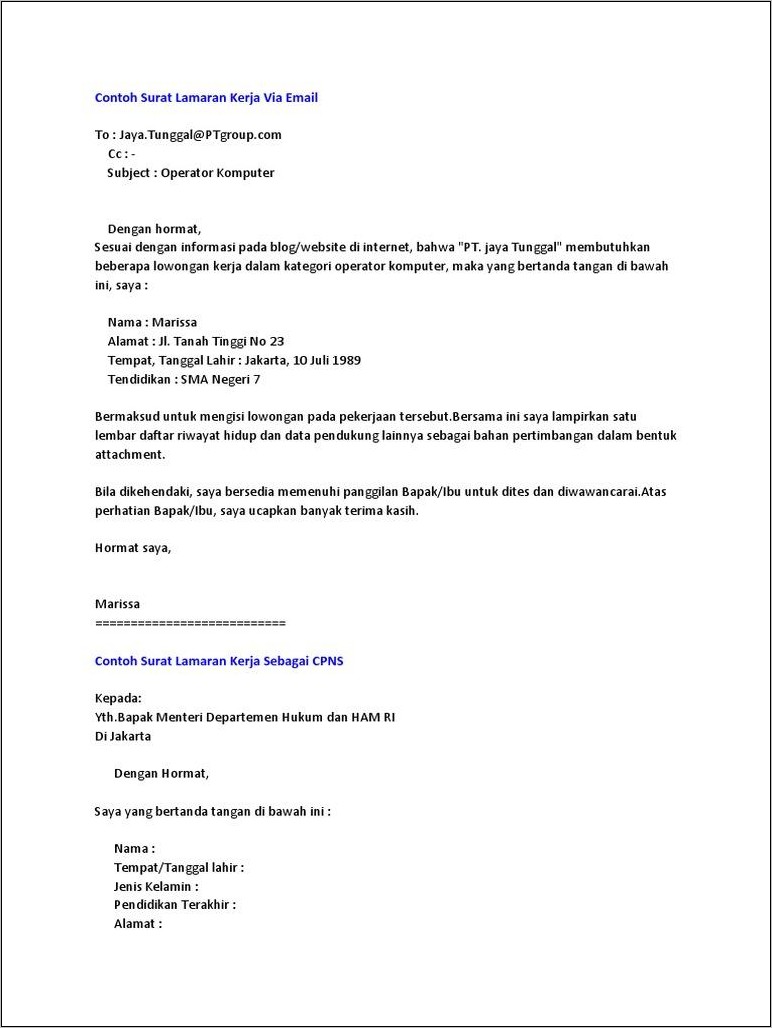Contoh Surat Lamaran Kerja Operator Produksi Non Pengalaman