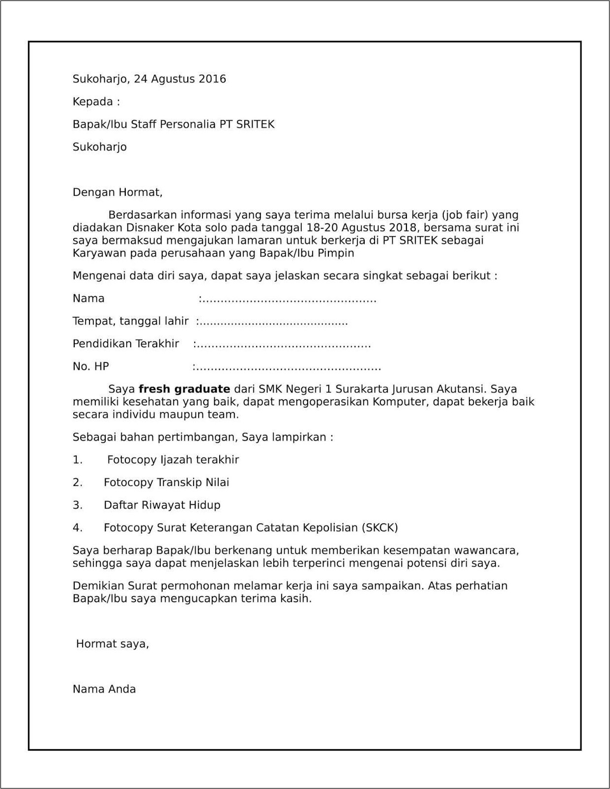 Contoh Surat Lamaran Kerja Pabrik 2019