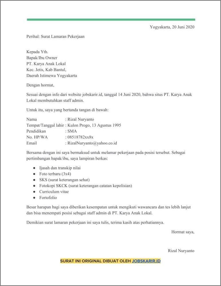 Contoh Surat Lamaran Kerja Pabrik Staff