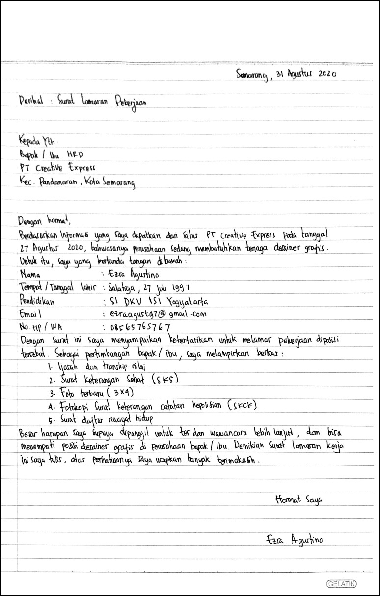 Contoh Surat Lamaran Kerja Pakai Tulis Tangan