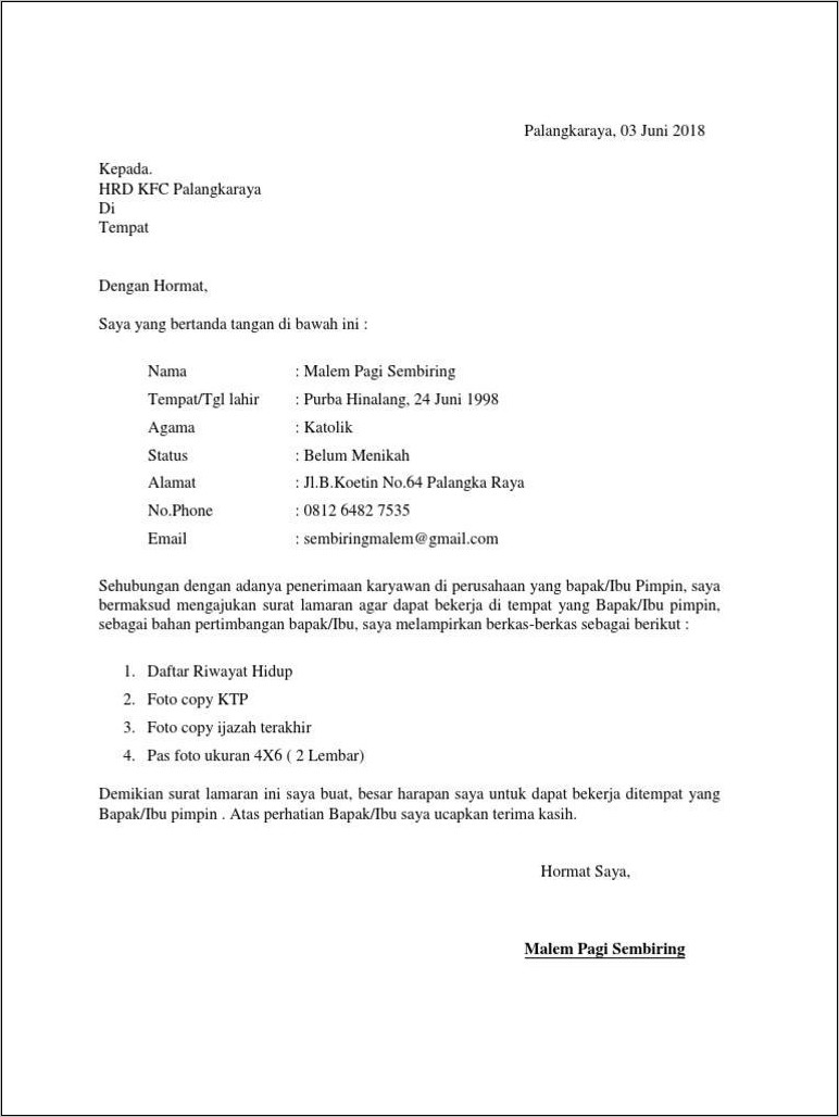 Contoh Surat Lamaran Kerja Palangkaraya
