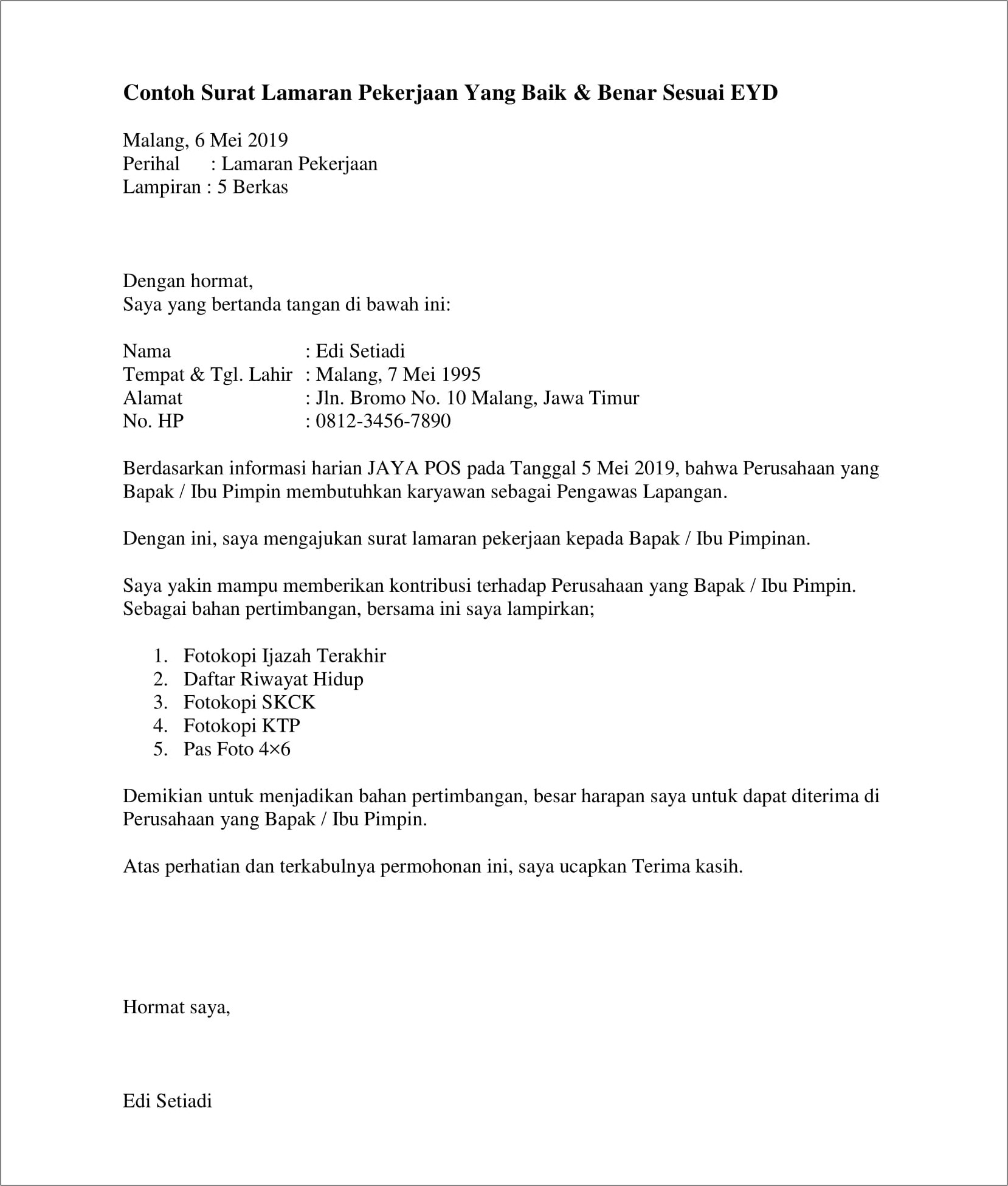 Contoh Surat Lamaran Kerja Pegawai Toko