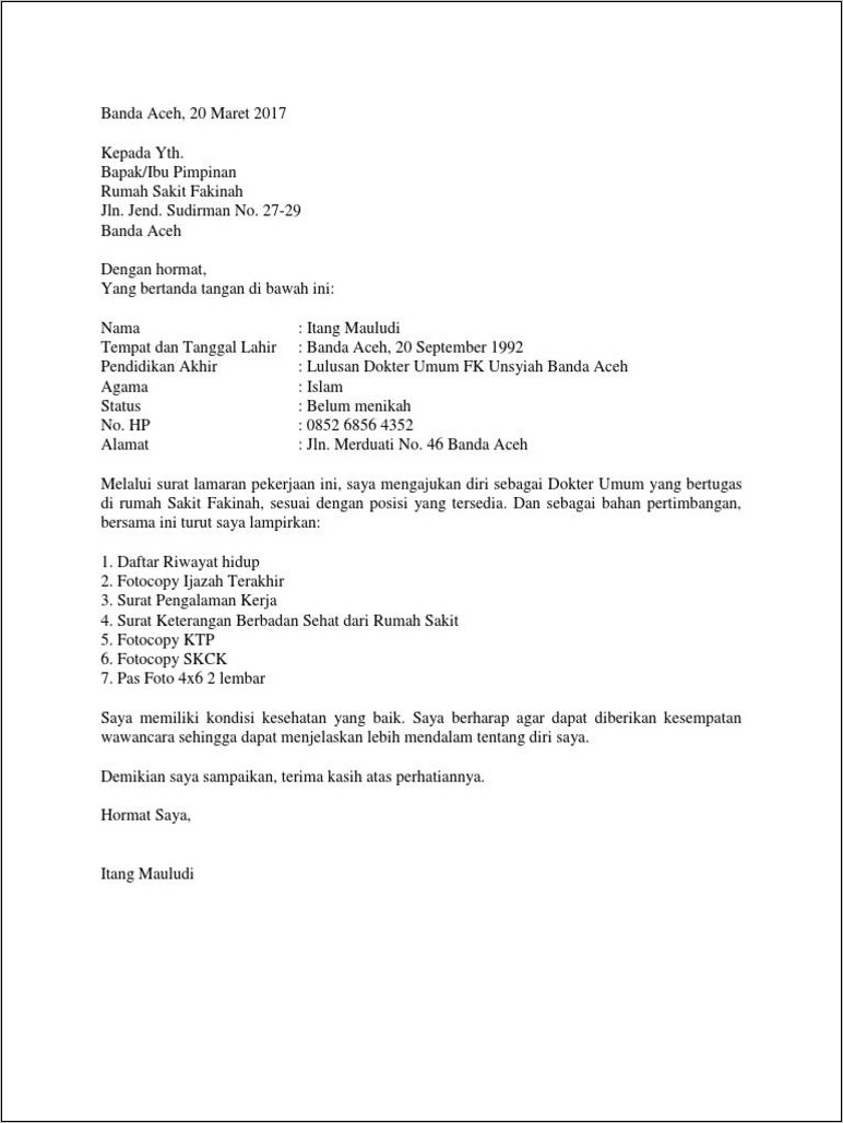 Contoh Surat Lamaran Kerja Pekerjaan Di Puskesmas