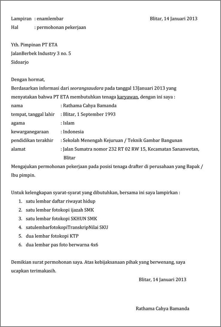 Contoh Surat Lamaran Kerja Penjahit Dalam Bahasa Inggris