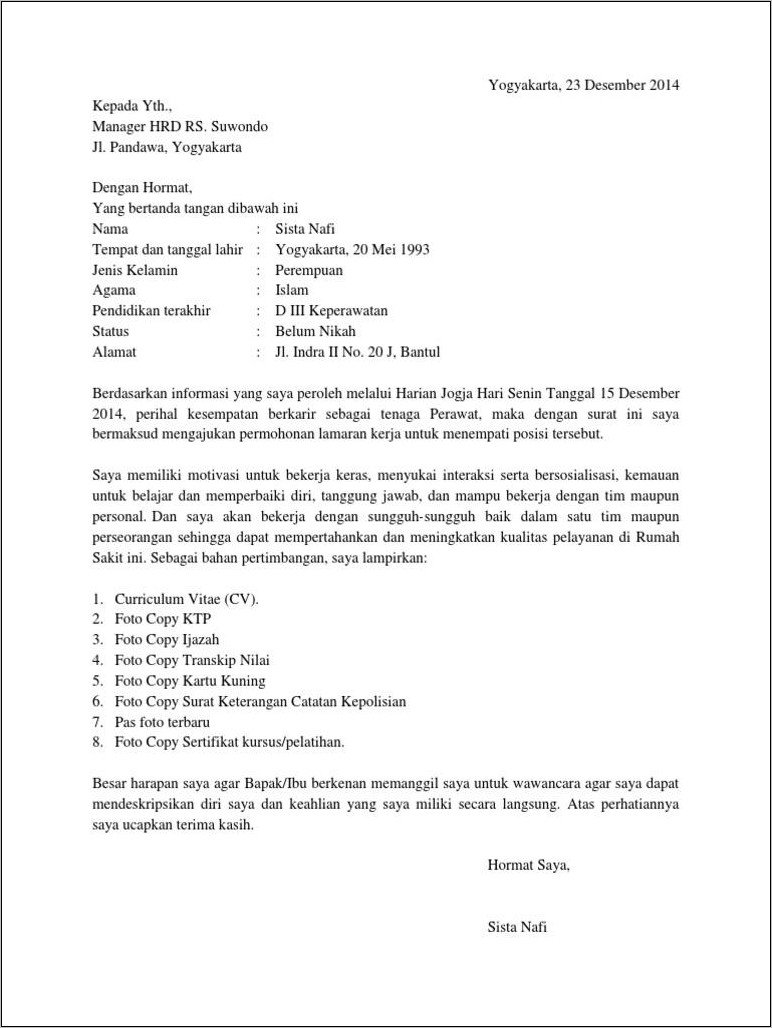 Contoh Surat Lamaran Kerja Perawat Di Rs Tulis Tangan